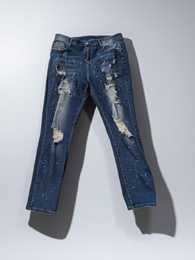 Distressed Paint-Splatter Boyfriend Jeans - Blue 2XL